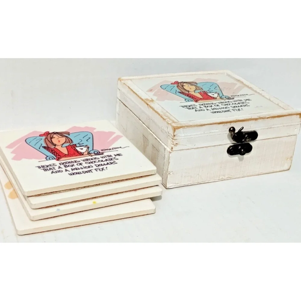 5 Vintage Thirstystone Funny jokes Cork Backed Coaster in Wooden Box USA - Picture 4 of 14